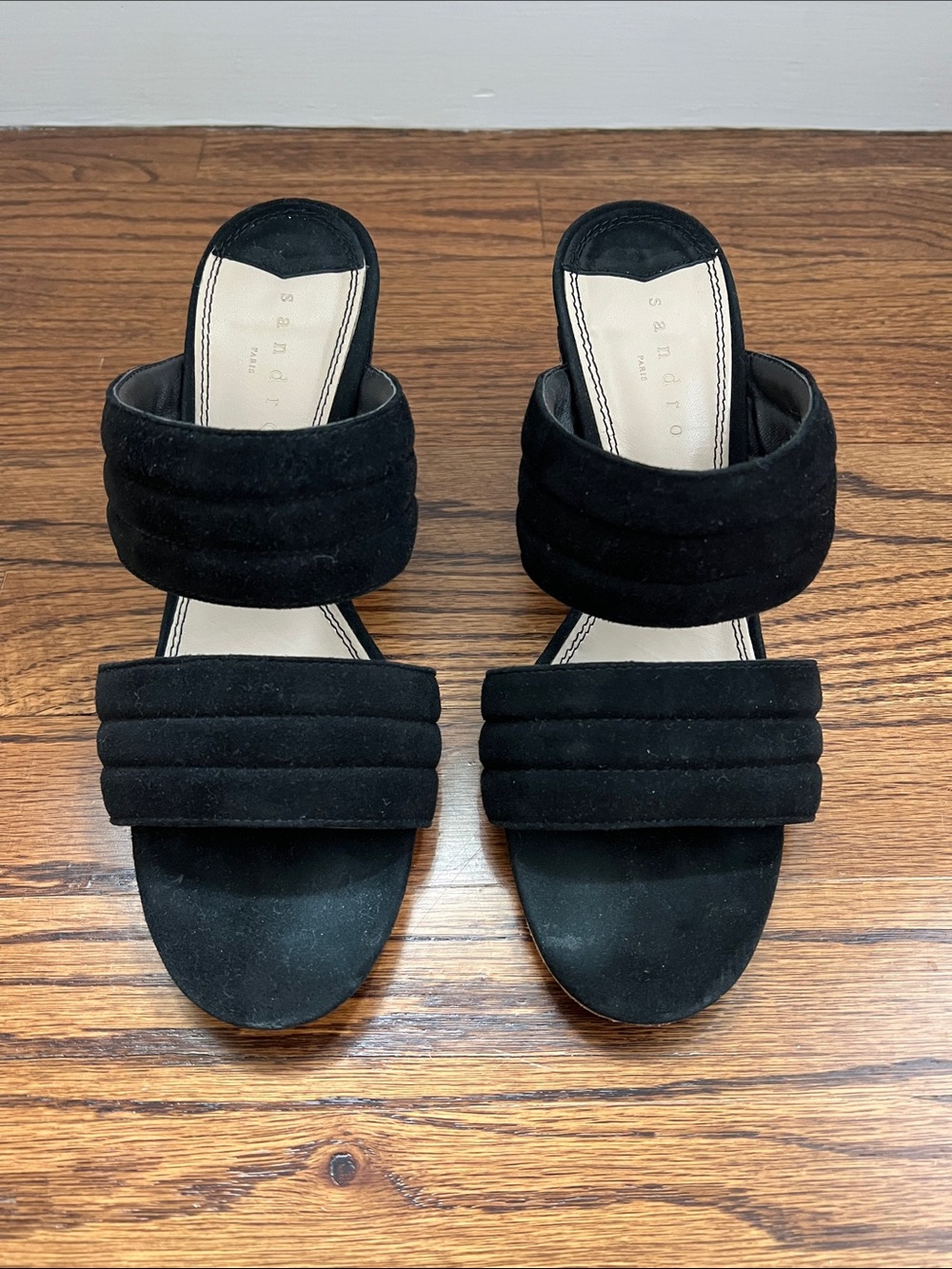 Sandro Black Double-strap True Love Embroidered Slide Sandal Heels